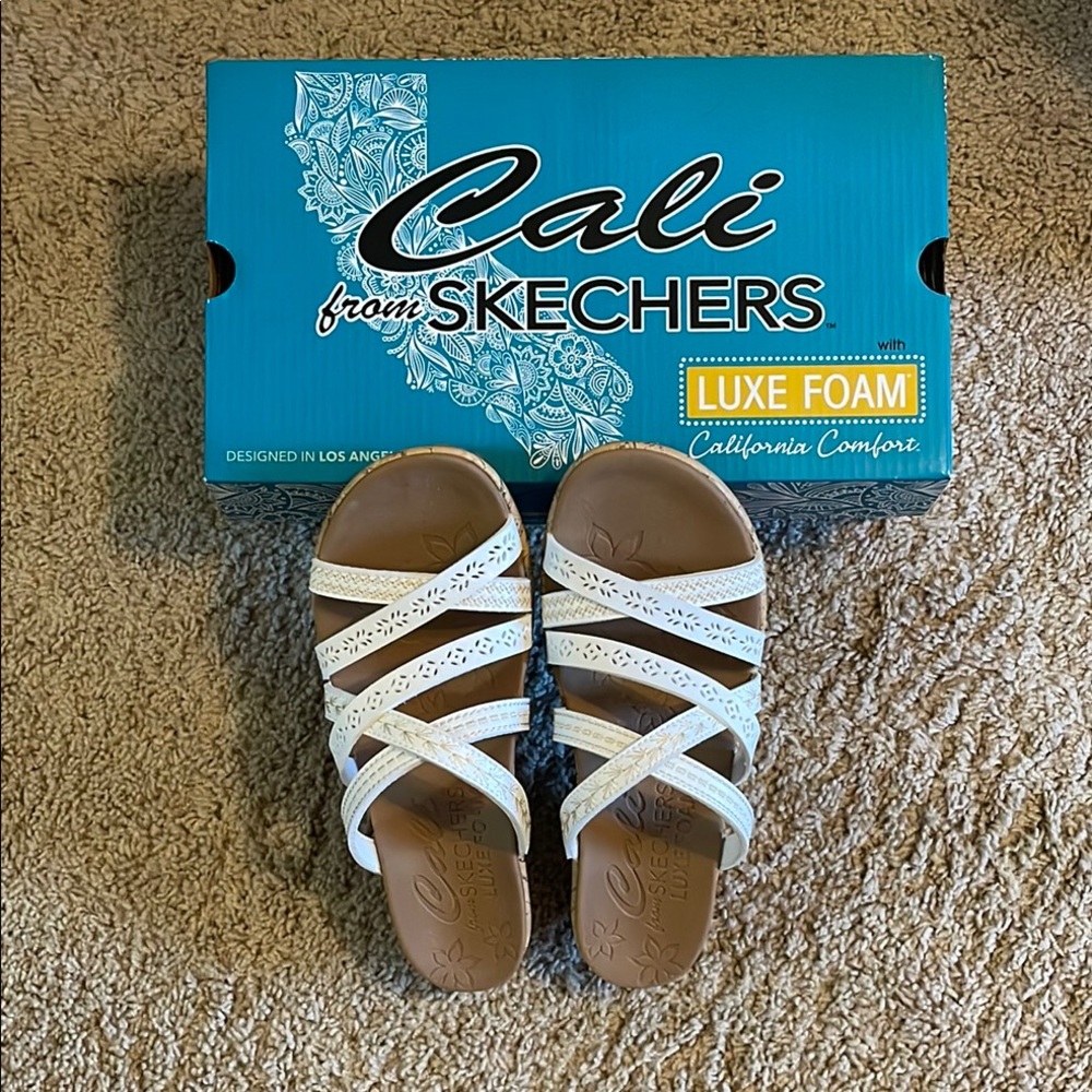 Skechers Cali White Sandals with Luxe Foam